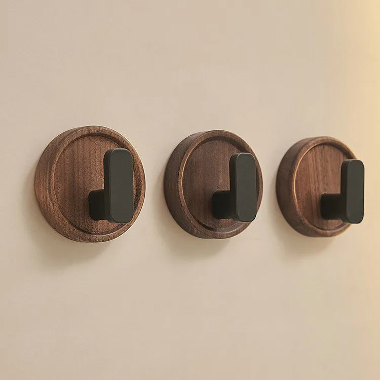 Self-adhesive wooden wall hooks Nordiva WoodCircle | Walnut wood | Decorative hook for keys, towels & clothing | Bathroom, kitchen & hallway