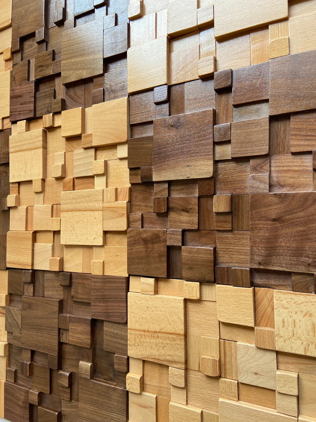 Acoustic Wood Wall Panels with Mosaic Design, Solid Beech and Walnut