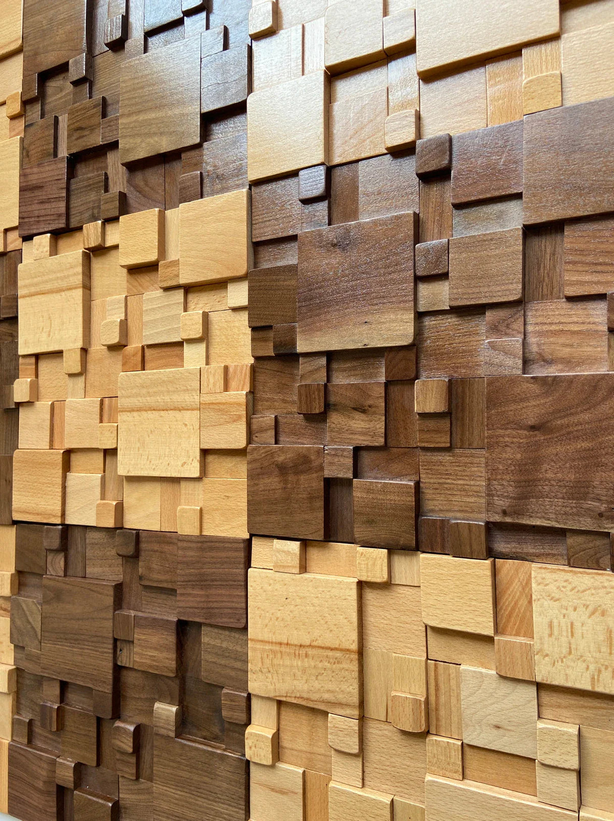 Acoustic Wood Wall Panels with Mosaic Design, Solid Beech and Walnut