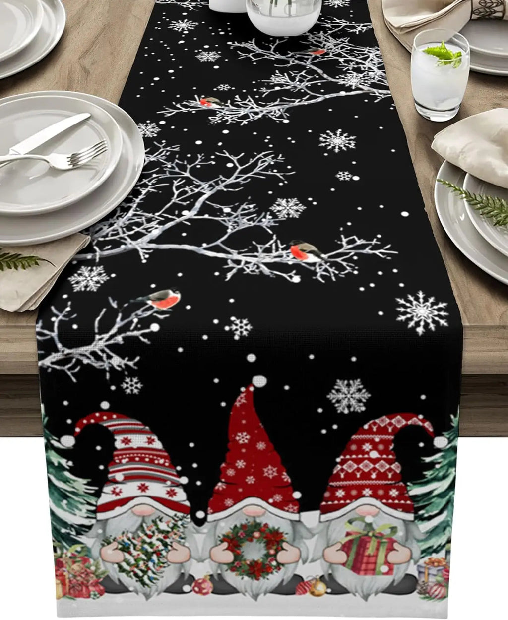 SnowGnome Christmas Table Runner – Luxe Linen Table Runner with Snowflake and Gnome Design