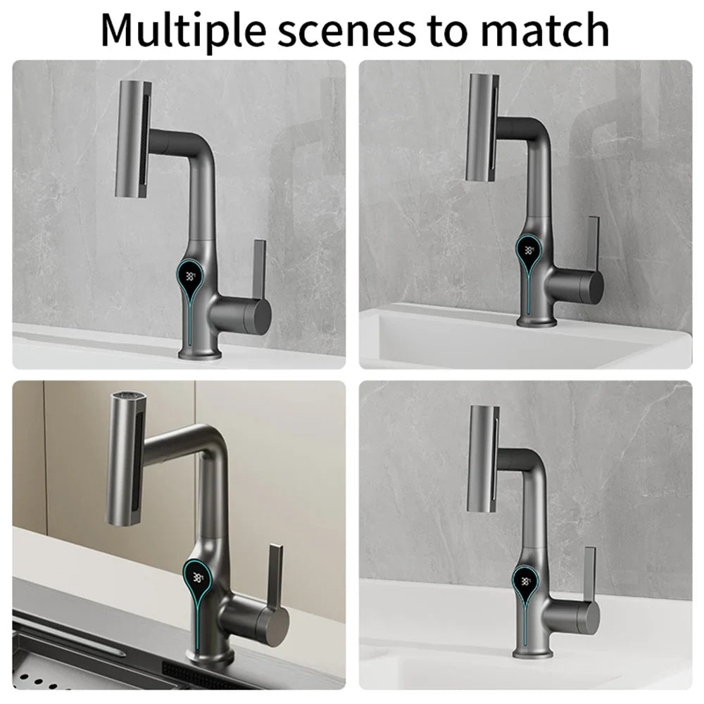 Faucet with Waterfall Jet Temperature Display and Adjustable Sprayer