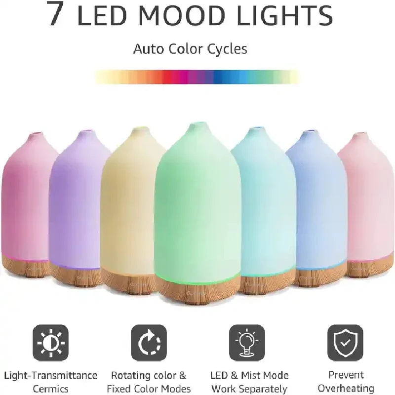 Aromisca Ceramic Aroma Diffuser | 100 ml Ultrasonic Air Humidifier | 7 LED Colors & Timer | Handcrafted Design