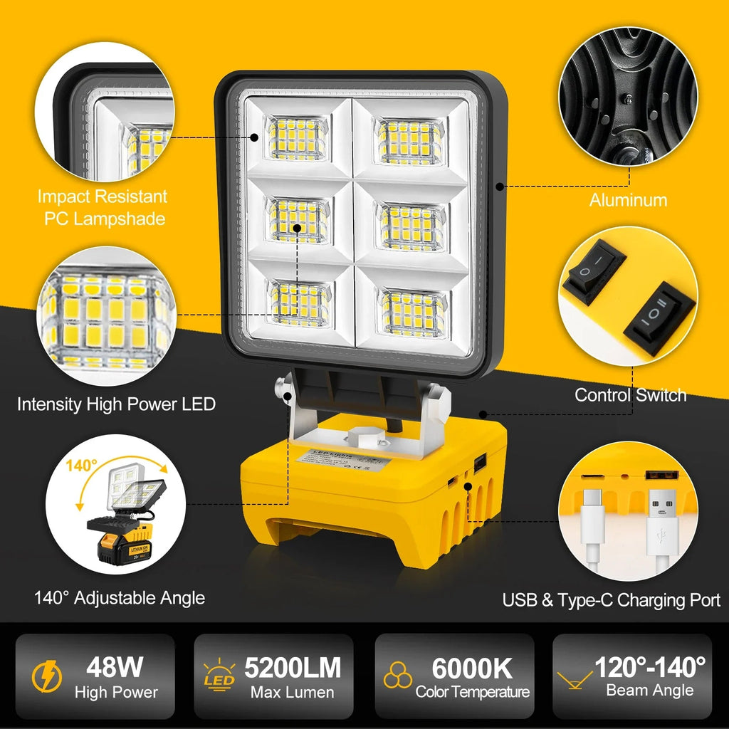 PowerLuma 48 LED Work Light | 48W Battery Construction Spotlight | 5200 Lumen | USB-C Charging Port | For DeWalt Batteries (without battery)