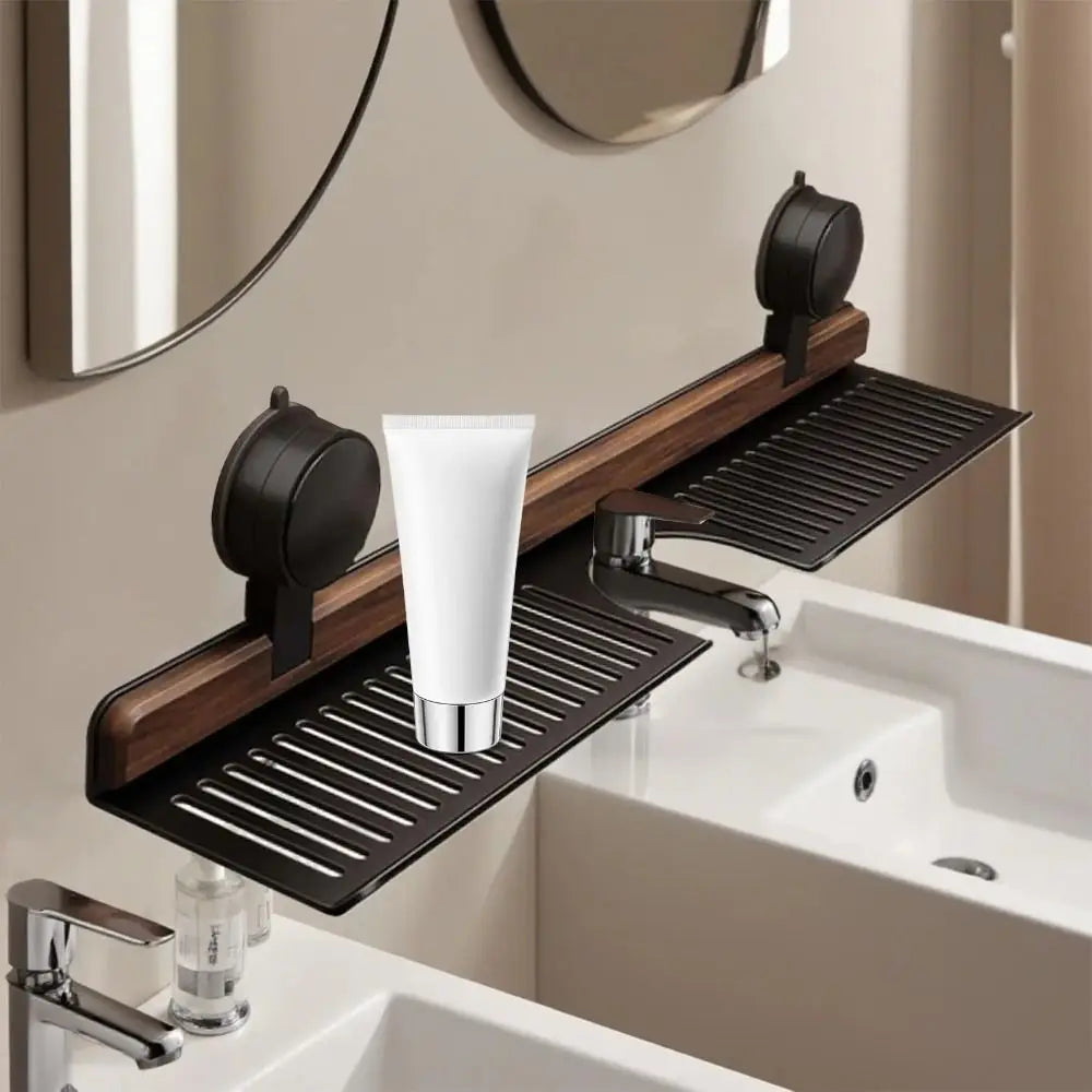 Over Sink Suction Cup Walnut Bathroom Rack