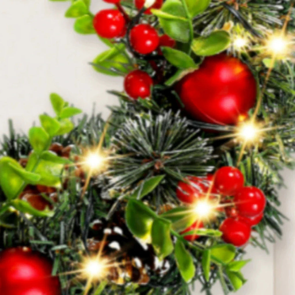 Lunoria Christmas Wreath | LED Lighting | Elegant Red Berries & Ribbon