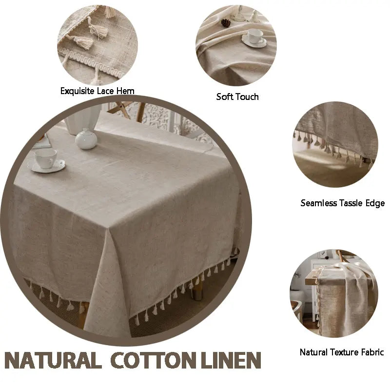 2023 Cotton-Linen Tablecloth with Tassels, Rectangular Tablecloth for Dining Table, Coffee-Tea Tablecloths, Wedding Easter Decoration