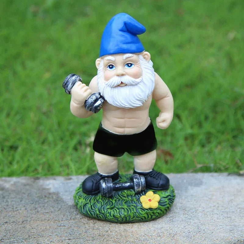 Funny Gnome Figurine made of Resin as Weightlifter for Garden Decoration
