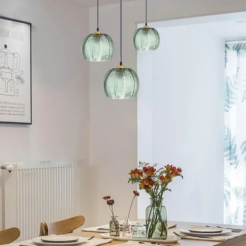 Scandinavian Glass Pendant Lamp with Green Leaf Pattern