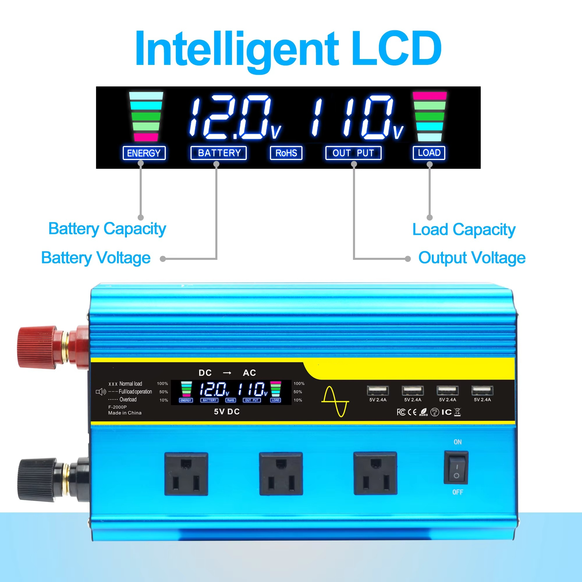 4000W Pure Sine Wave Power Inverter 12V/24V DC to 110V/220V AC Converter for Car and Solar Systems