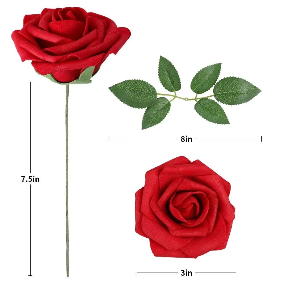 Realistic Red Artificial Roses with Stems (Pack of 25/10)