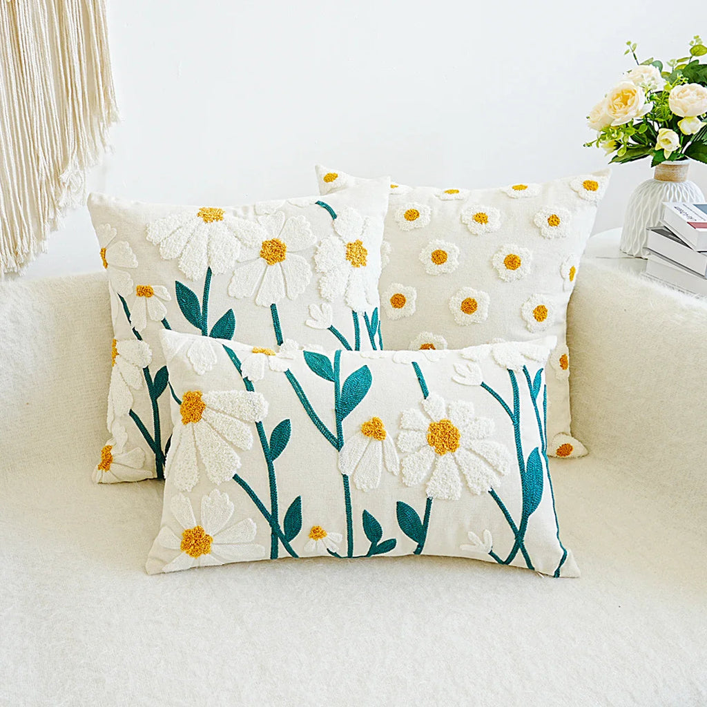 Cushion with Embroidered Daisies for Sofa and Living Room Without Filling