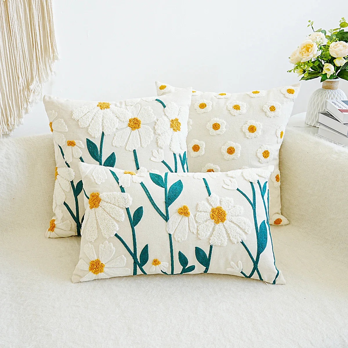 Cushion with Embroidered Daisies for Sofa and Living Room Without Filling