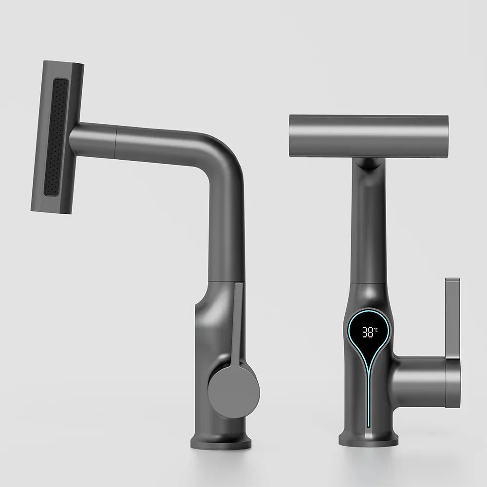 Washbasin faucet with waterfall jet digital temperature display and adjustable spray head