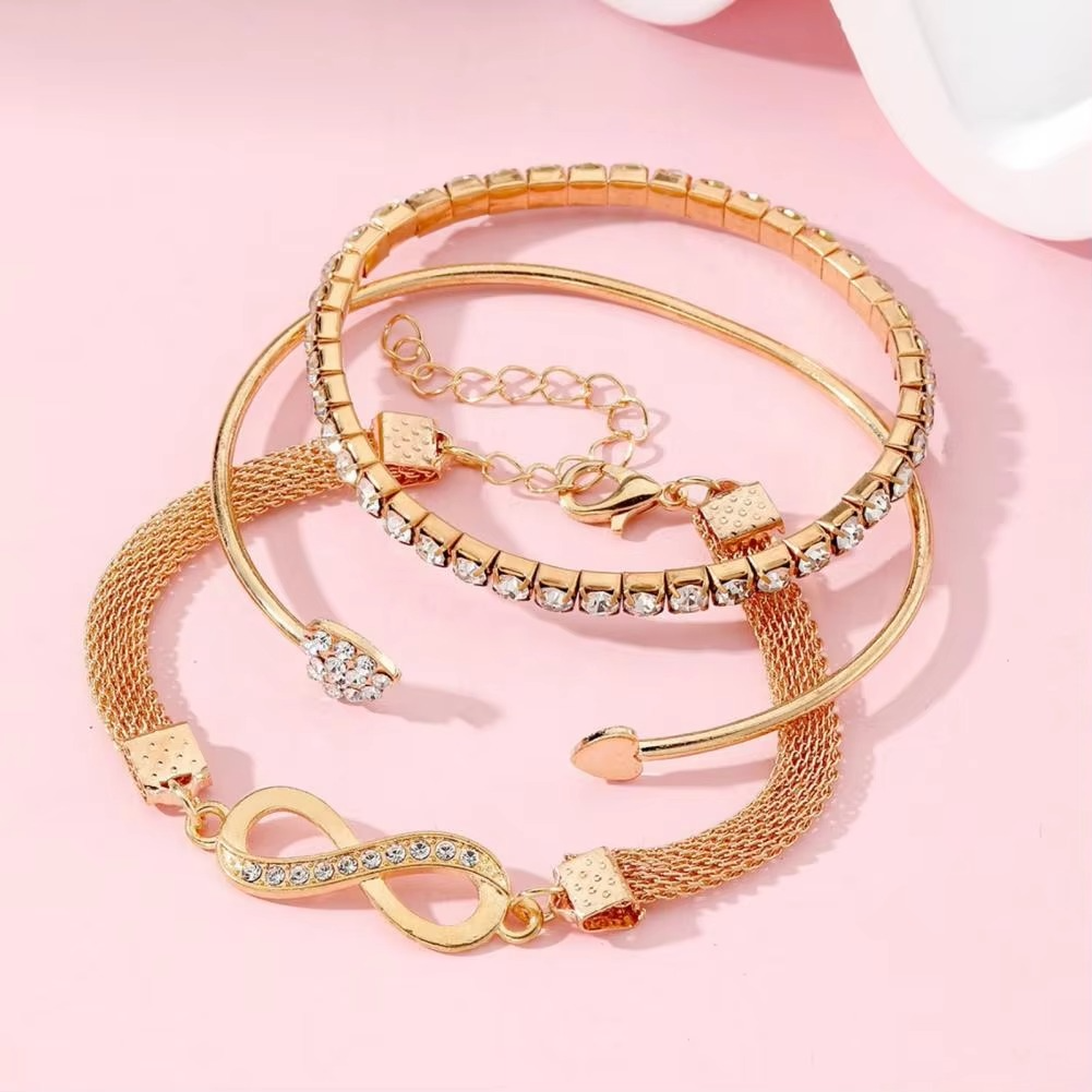Elegant Rhinestone Heart & Infinity Bracelet Set for Women - 3 Pieces