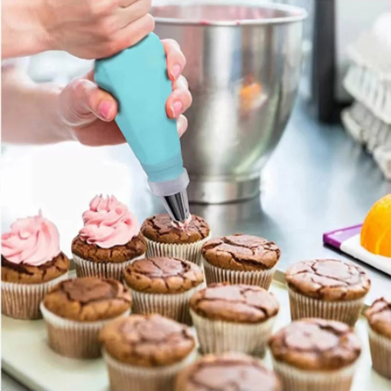 BakeDeko Piping Nozzle Set | Reusable Silicone Piping Bags with Stainless Steel Nozzles | For Cakes, Cupcakes & Pastries