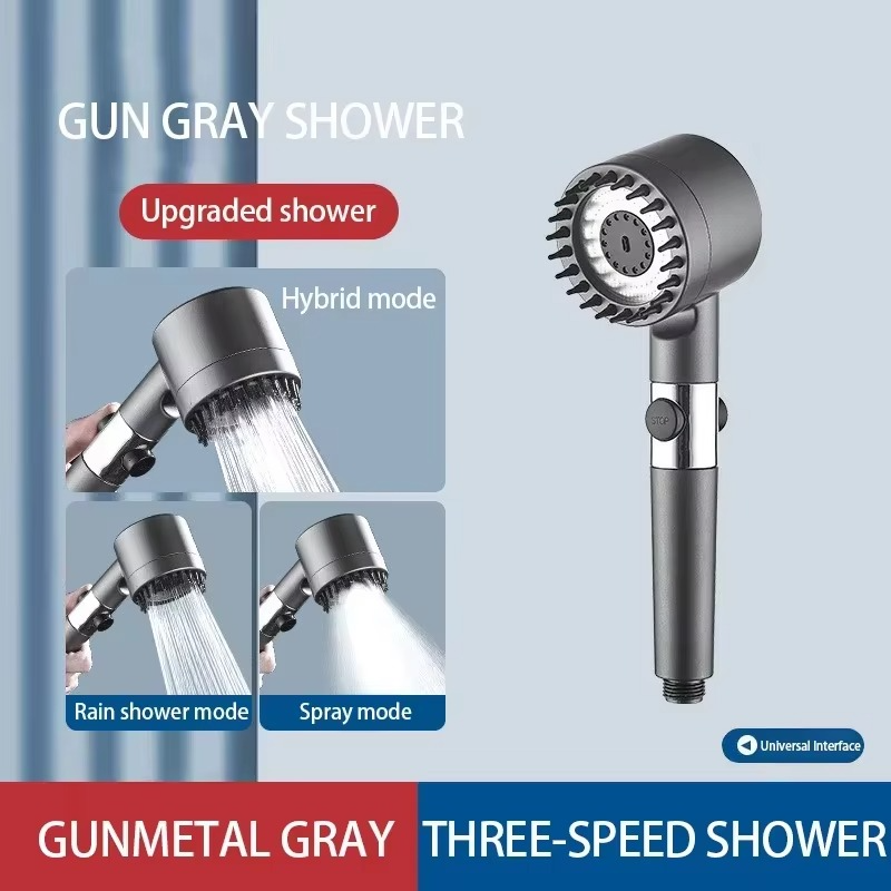 High Pressure 3-Mode Shower Head with Built-In Filter and Massage Brush