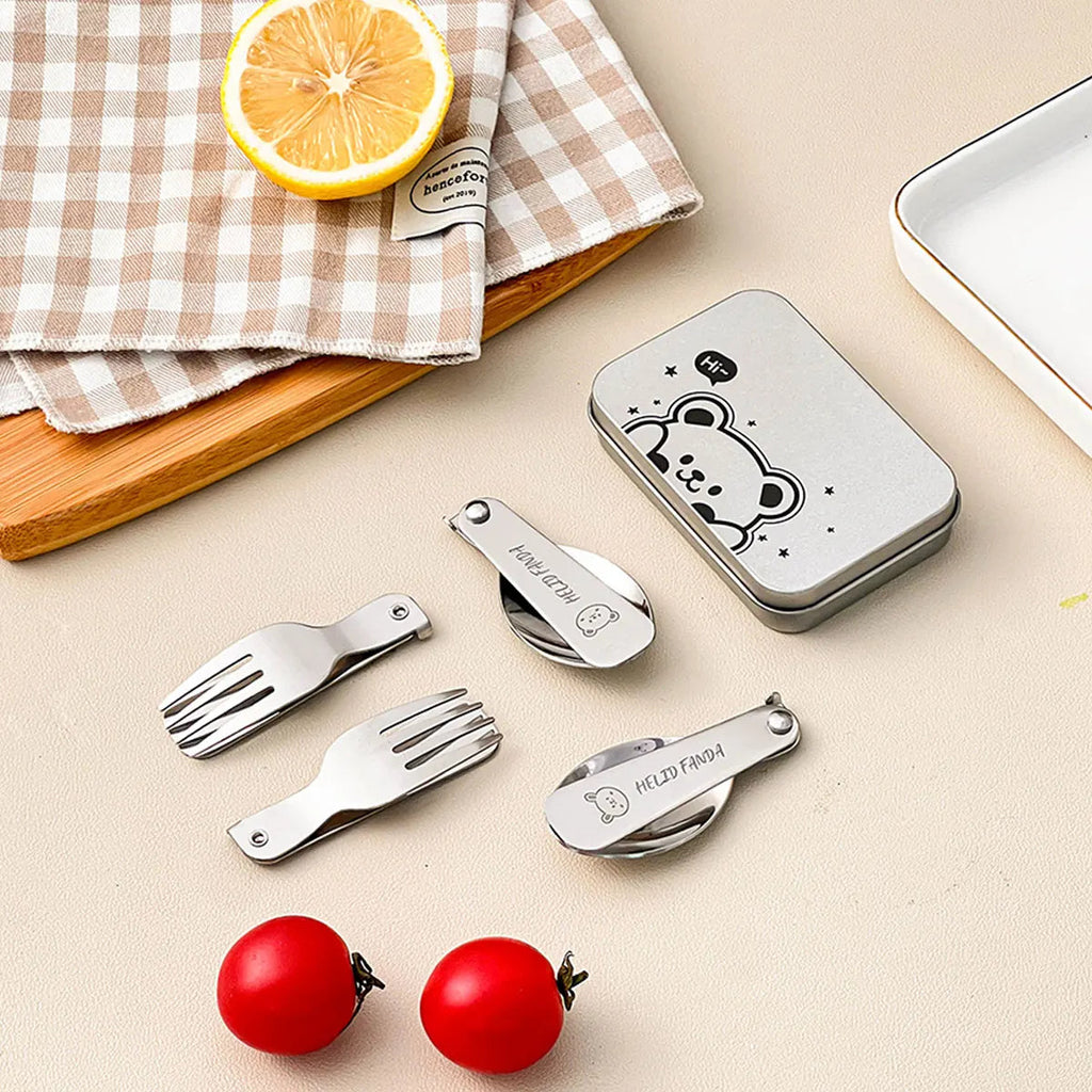 Trekking Camping Cutlery 3-piece | Foldable Spoon & Fork with Storage Box | Stainless Steel | Compact & Reusable