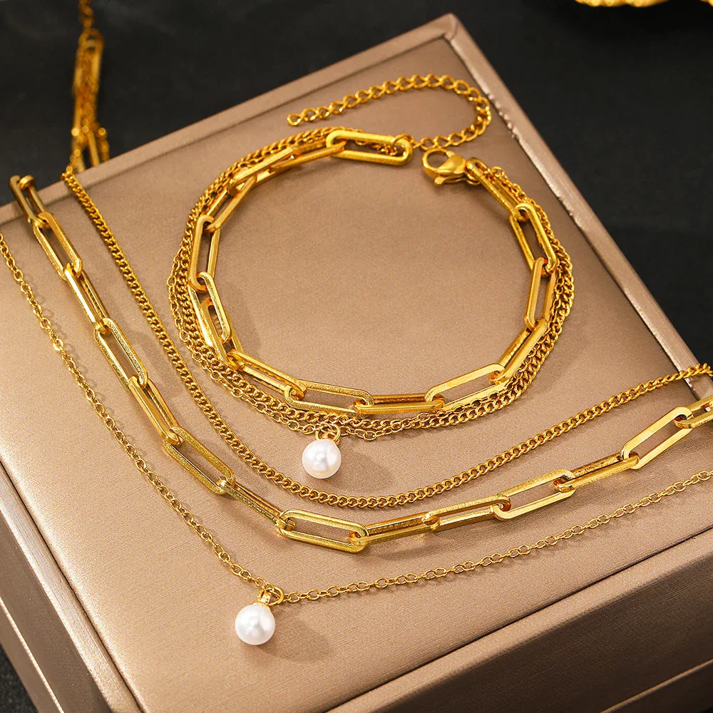 Paperclip & Curb Chain Dainty Pearl Bracelet and Necklace Stack Set