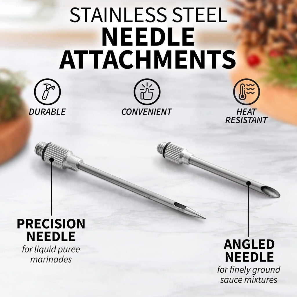 Flavora Marinade Injector | With 2 Needles & Cleaning Brush | For Liquid & Thick Marinades | Stainless Steel & Silicone