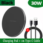 30W Fast Wireless Charging Pad | Premium USB C Charging Cable MagSafe Charger for Apple iPhone, Samsung & Android - Fast Wireless Charging Pad