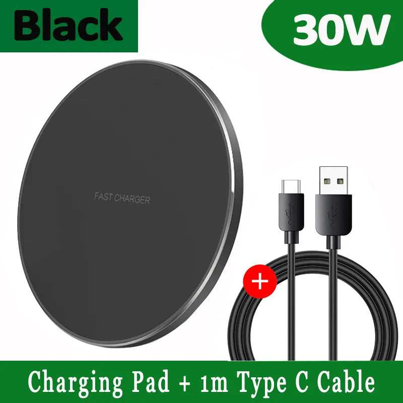 30W Fast Wireless Charging Pad | Premium USB C Charging Cable MagSafe Charger for Apple iPhone, Samsung & Android - Fast Wireless Charging Pad