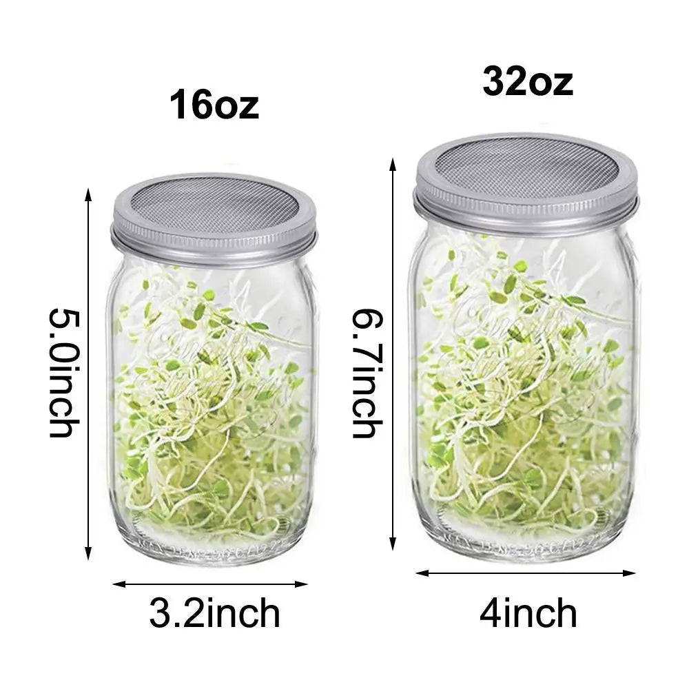 VitaKeim Sprouting Jar Set | Stainless Steel Strainer Lid | For Fresh Sprouts at Home | 16oz & 32oz