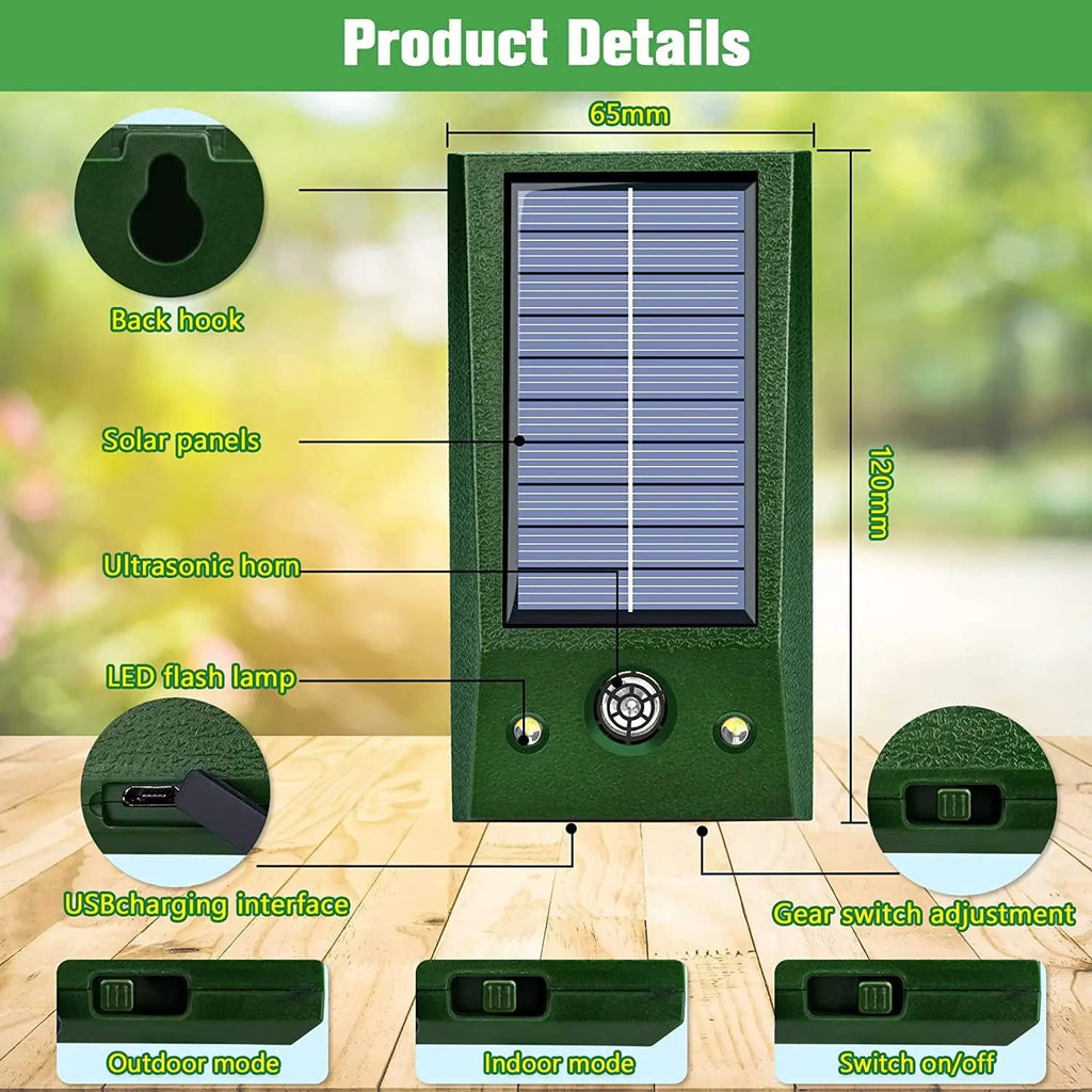 SolarGuardix Ultrasonic Bird Repeller Solar | With LED & Motion Sensor | Waterproof IP58 | 600 m² Coverage