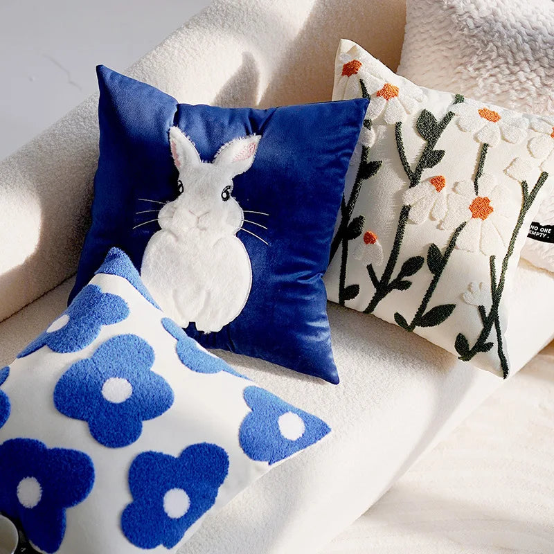 Blue & White Bunny & Flower Cushion Cover