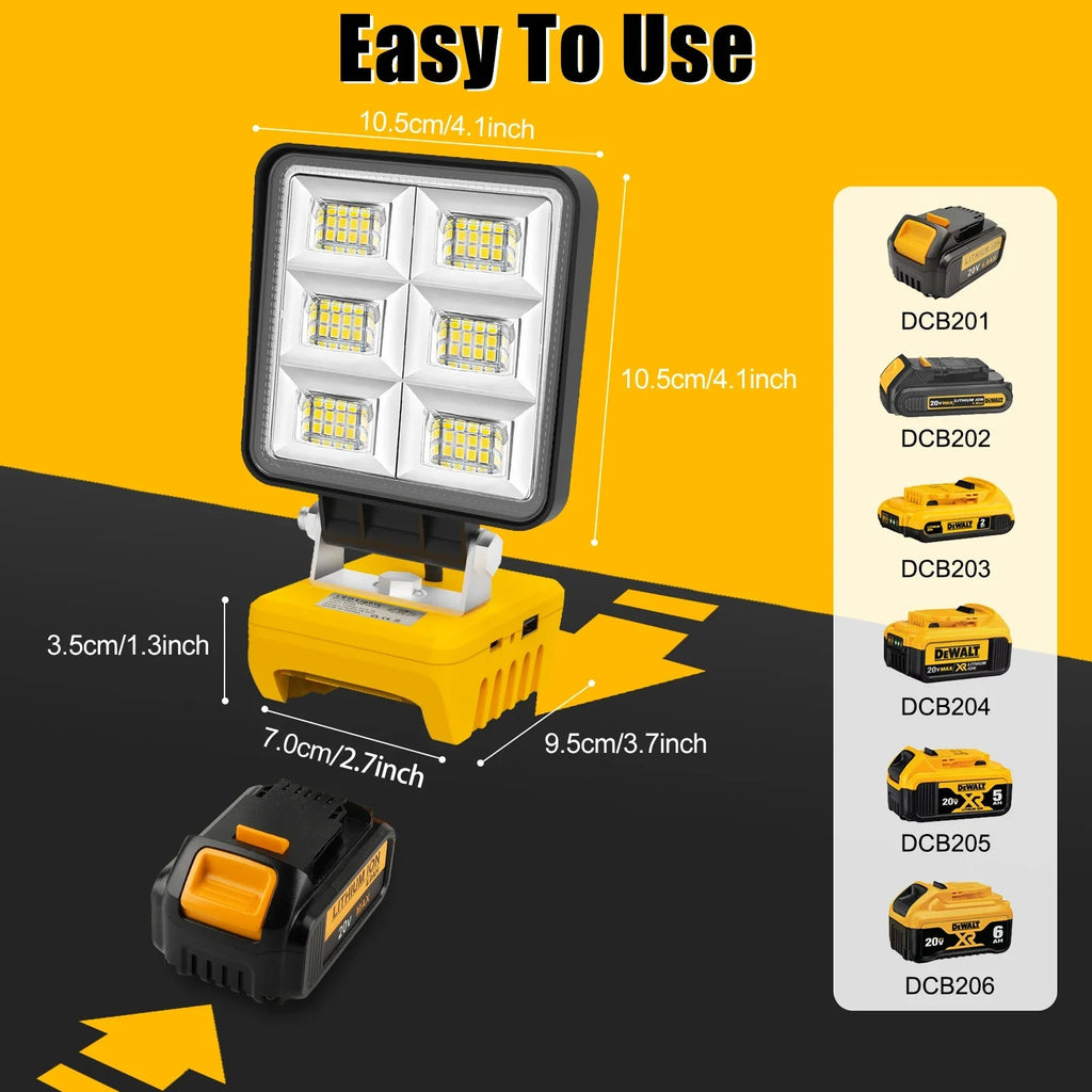 PowerLuma 48 LED Work Light | 48W Battery Construction Spotlight | 5200 Lumen | USB-C Charging Port | For DeWalt Batteries (without battery)
