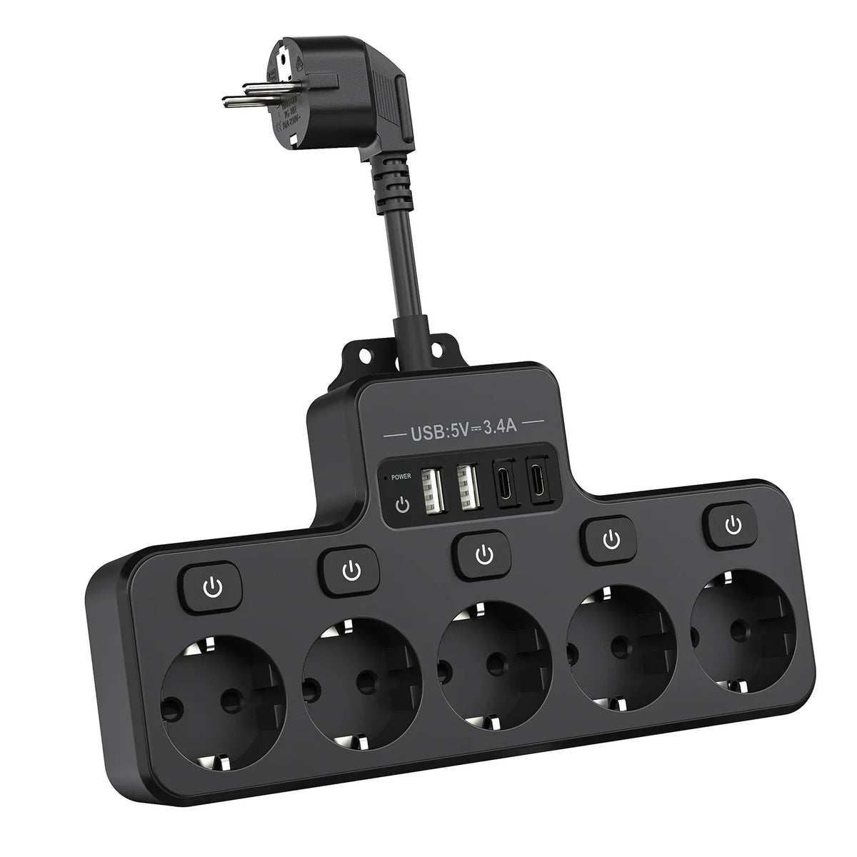 Voltaro Pro 9-in-1 | Power Strip EU | 5 AC Outlets + 4 USB (2× Type-C) | Individual Switch | 16A | Short Cable 10 cm