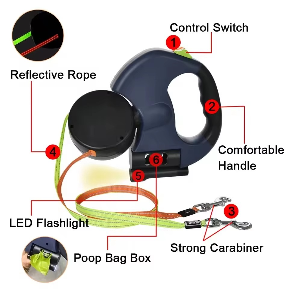 Dual Dog Retractable Leash with Built-In Flashlight and Bag Dispenser