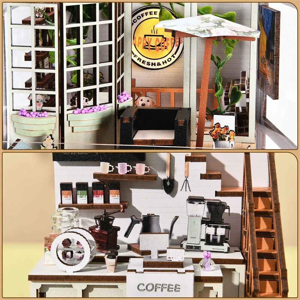 SoleCaffè DIY Book Nook | Miniature Coffee House 3D Wood Kit | With LED Lighting | Creative Bookshelf Diorama & Gift Idea