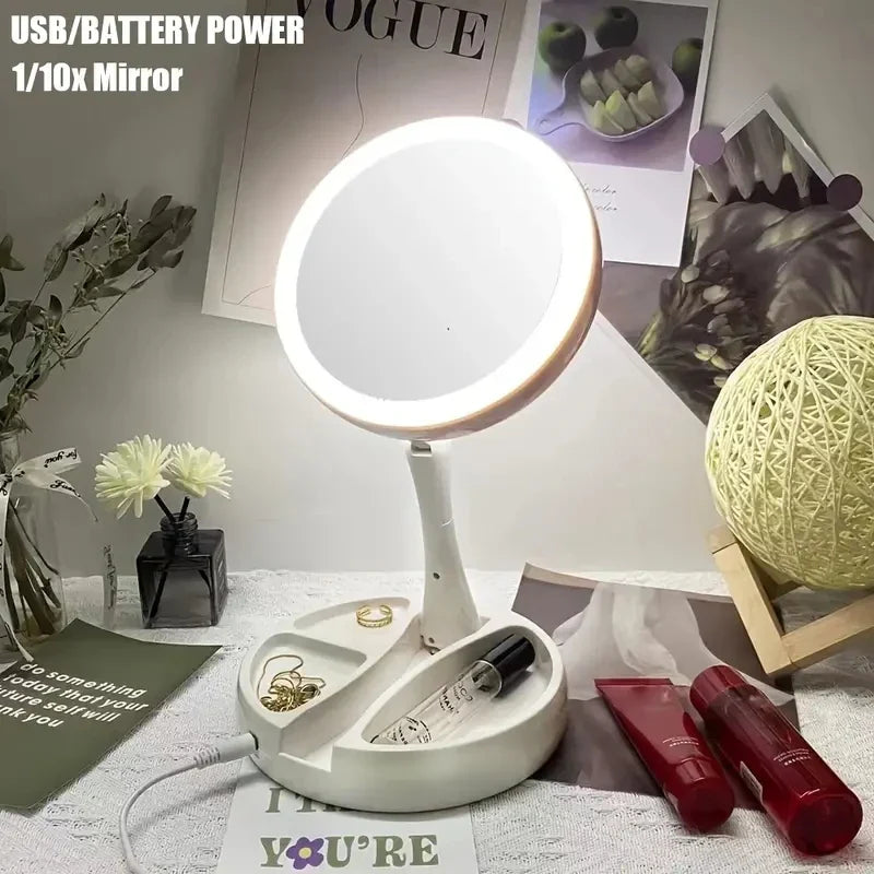 Glamora Travel Mirror LED | Double-Sided & 10x Magnification | Foldable & Portable | With Accessory Compartment