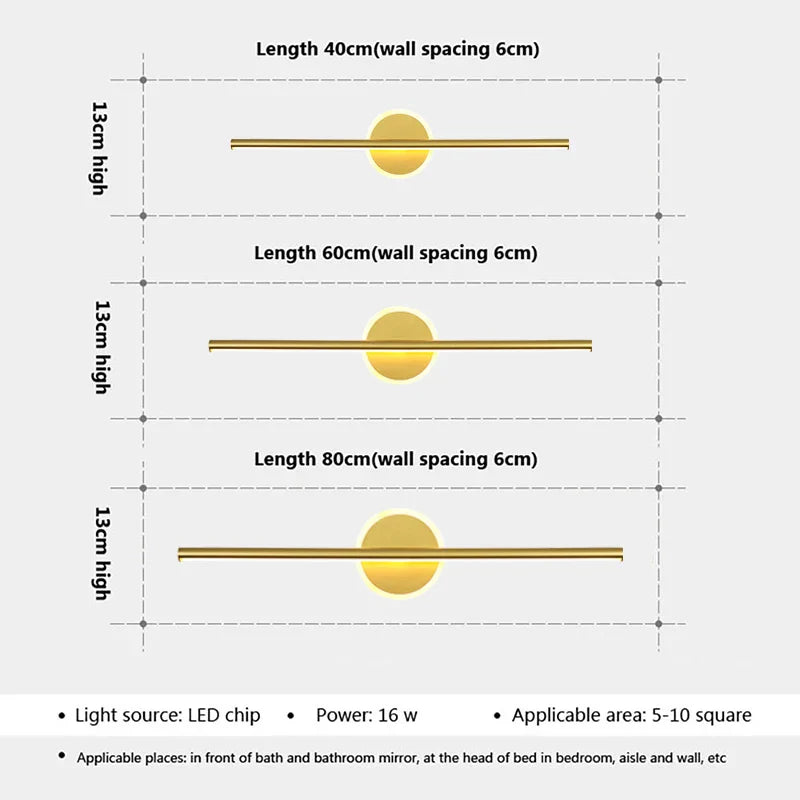 LED Wall Light LineaLux | Black & Gold | 40/60/80 cm | Warm, Cold & Three-Color Light | Modern Mirror & Wall Lighting