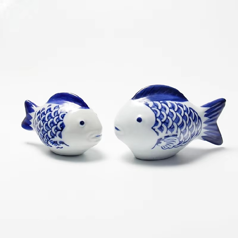Blue and White Porcelain Floating Koi Fish Desktop Ornament