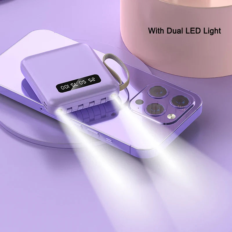 Mini Powerbank with Mirror Display | 20,000 mAh | Quick Charge Function & Integrated Cables | For iPhone, Samsung, Xiaomi & more