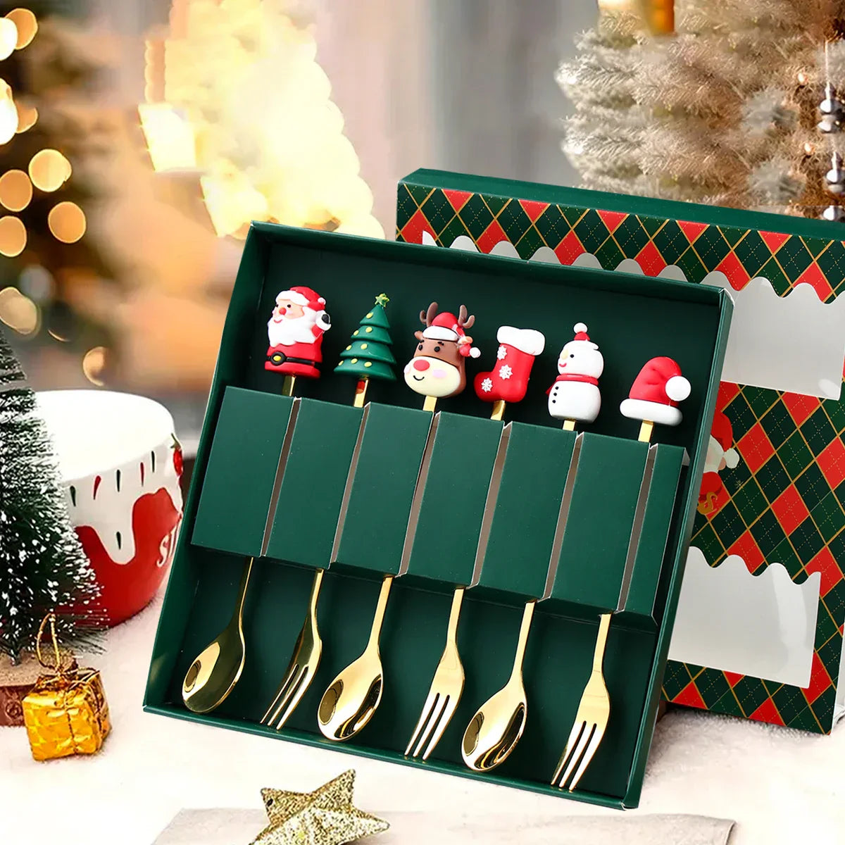GoldParty Christmas Cutlery Set – Luxury Gold Spoon and Fork with Santa Claus Design