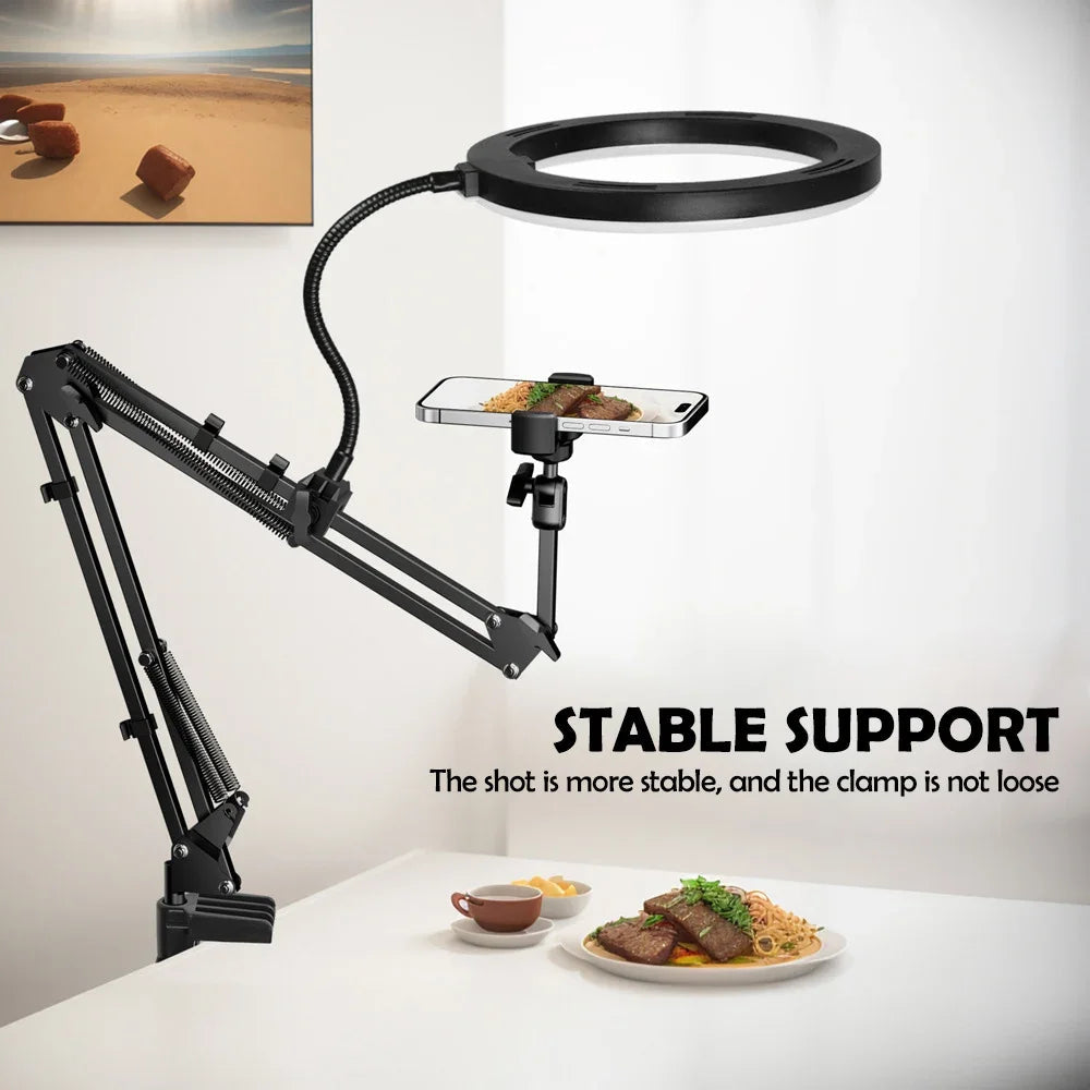 LumiFlex LED ring light with flexible arm & phone holder | 3 light colors & USB connection | Perfect for livestream, video & selfie