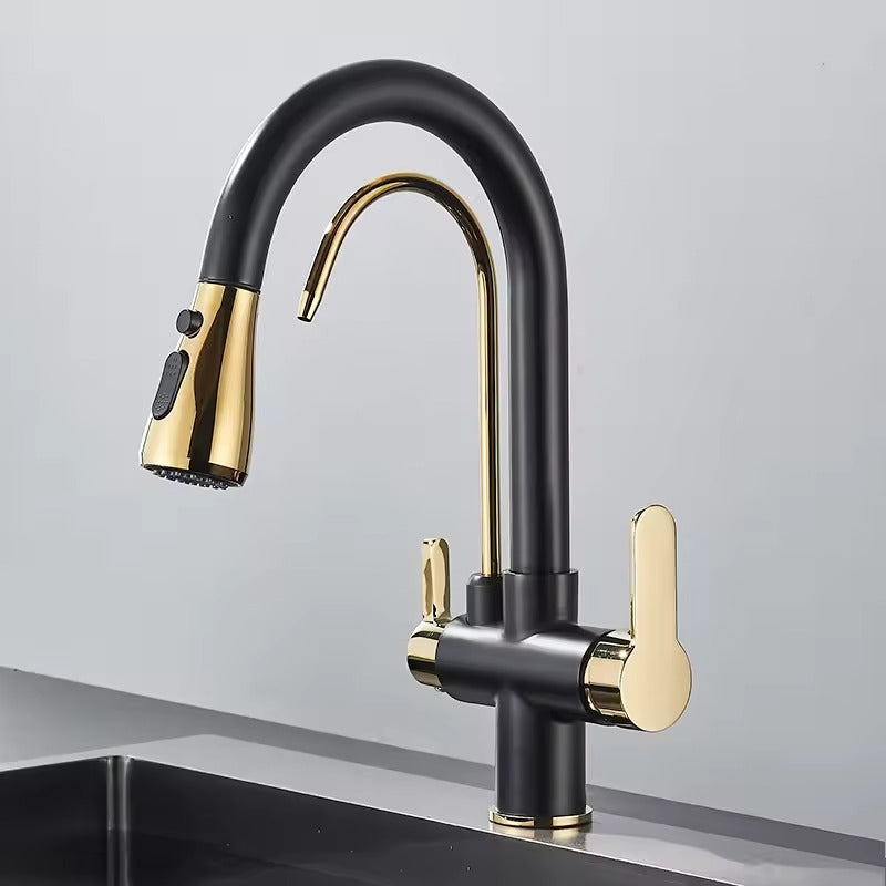 Matte Black Filter Faucet for the Kitchen, Pull-Out Spray, 360° Rotation, Three-Way Water Filter Tap, Sink Mixer
