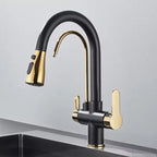 Matte Black Filter Faucet for the Kitchen, Pull-Out Spray, 360° Rotation, Three-Way Water Filter Tap, Sink Mixer