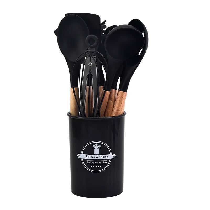 Culinora Silicone Kitchen Utensils Set | Heat Resistant up to 230 °C | 12-piece with Wooden Handles | Whisk, Spatula, Tongs & more