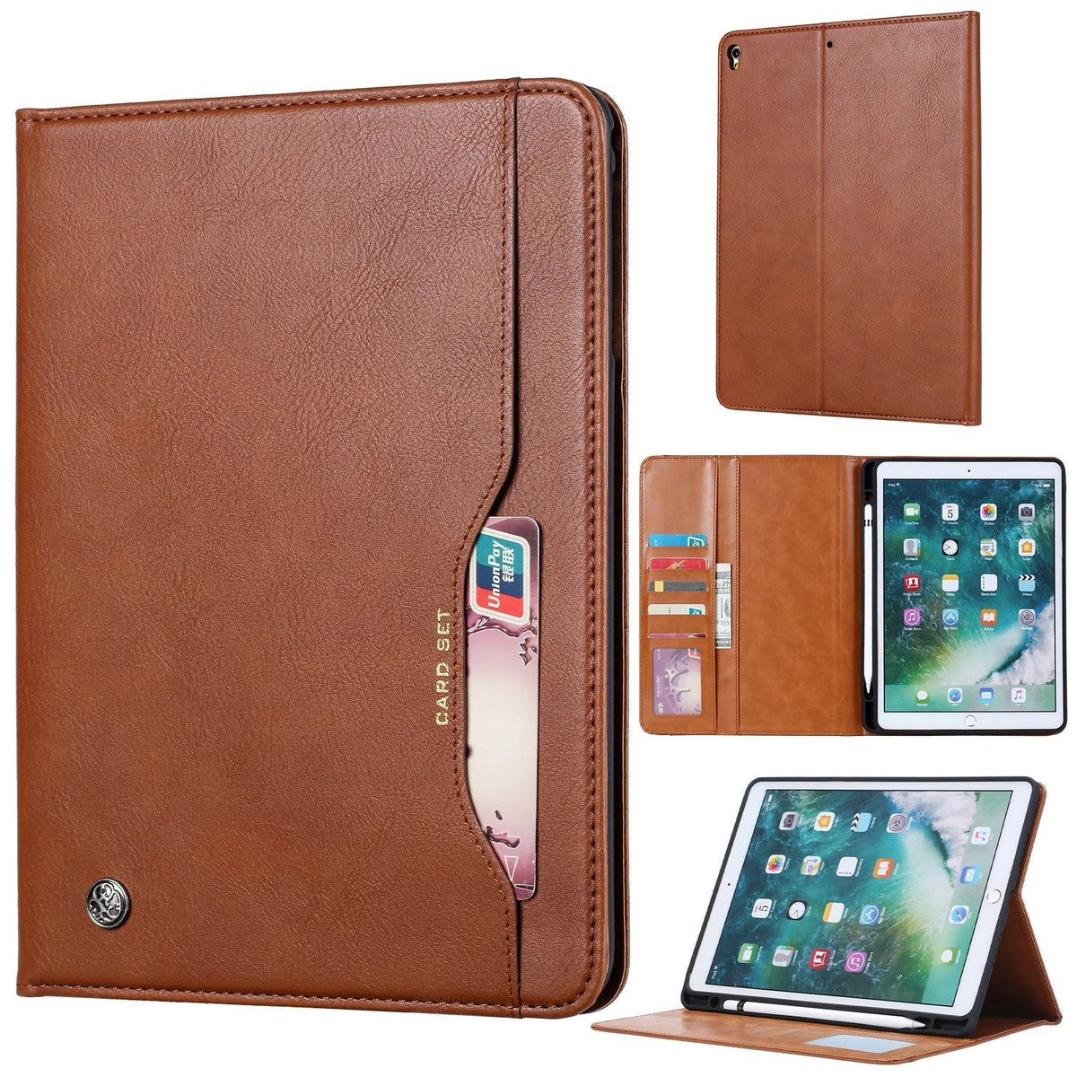 Leather Flip Case for iPad 9.7 (2017-2018), 10.2 (7th/8th Gen), Air 2/3/4, Pro 9.7/10.5/11 - Waterproof, Shockproof, Business Tablet Case