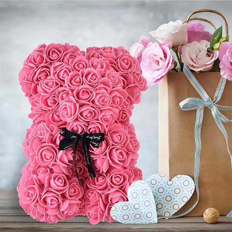 9.8in Artificial Rose Teddy Bear Gift with Display Box - Romantic Anniversary or Valentine's Day Decor