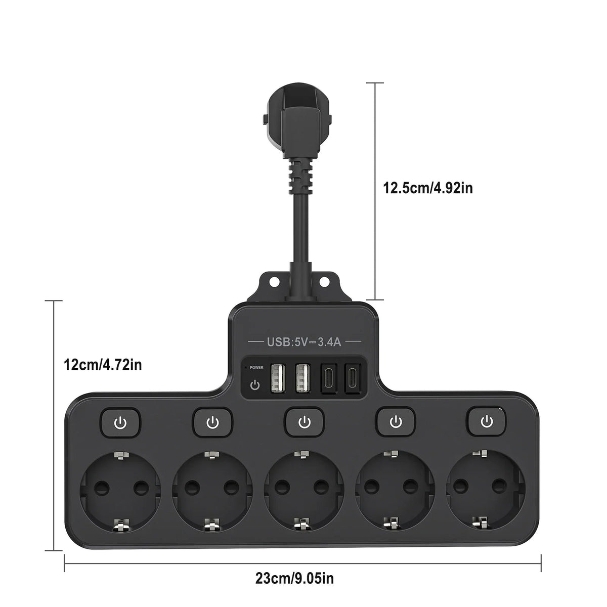 Voltaro Pro 9-in-1 | Power Strip EU | 5 AC Outlets + 4 USB (2× Type-C) | Individual Switch | 16A | Short Cable 10 cm