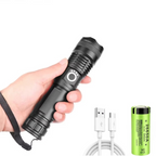High-Power LED Tactical Flashlight, USB Rechargeable, Zoomable Beam, 5 Light Modes, Waterproof, Fits 26650 Battery