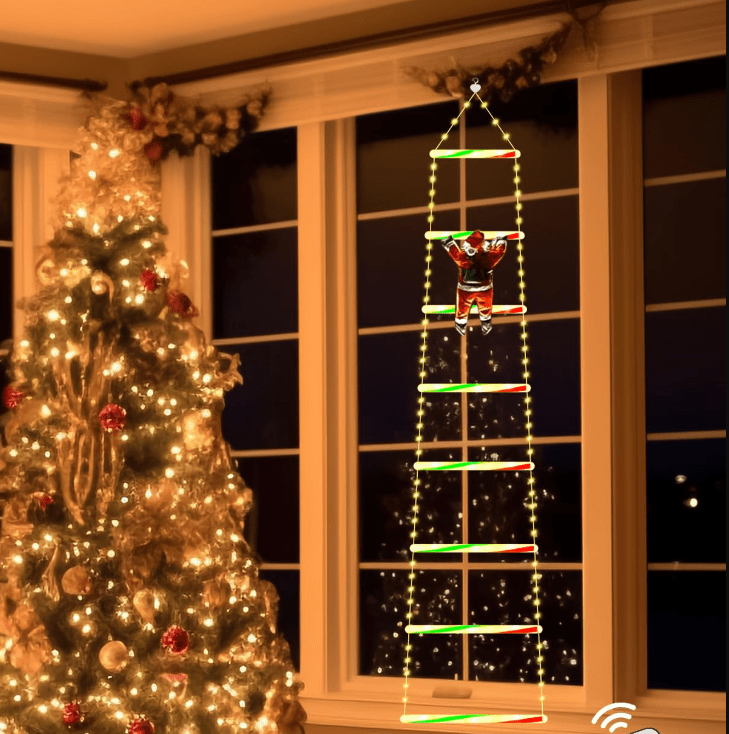 Animated Santa Claus climbing a ladder, LED Christmas decoration