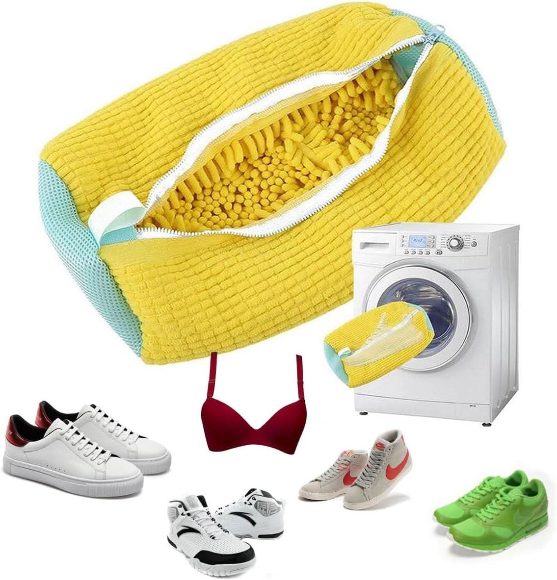 Washing machine bag with bristles for clean & shape-stable shoes