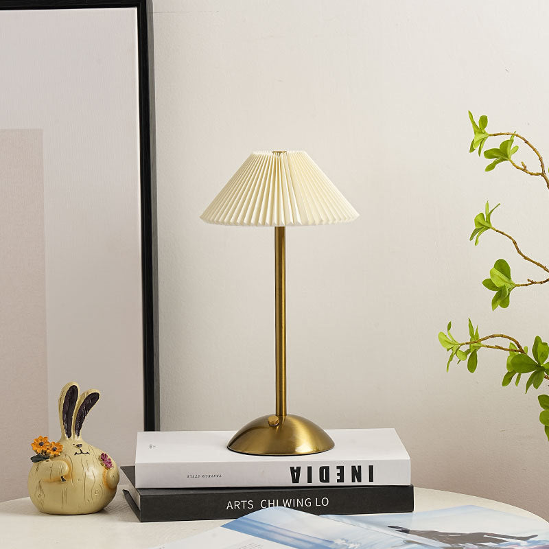 Contemporary Scandinavian rechargeable iron fabric cone pleated LED table lamp for bedside