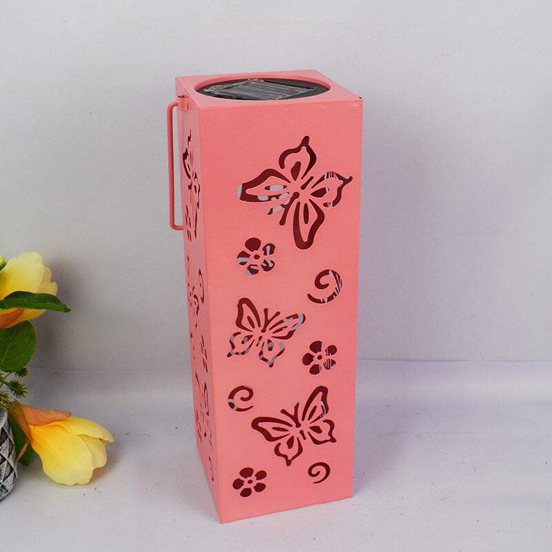 Solar Butterfly Rose Pattern Hollow Column LED Outdoor Waterproof Decorative Lamp