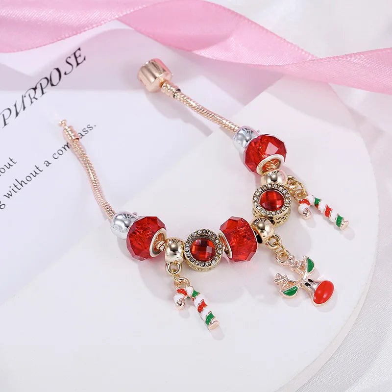 Festive Candy Cane Charm Bracelet with Adjustable Silver Chain